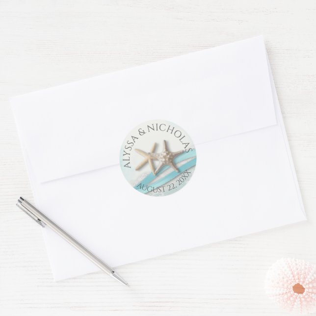 Starfish Ribbon and Lace Ocean Blue Wedding Classic Round Sticker (Envelope)