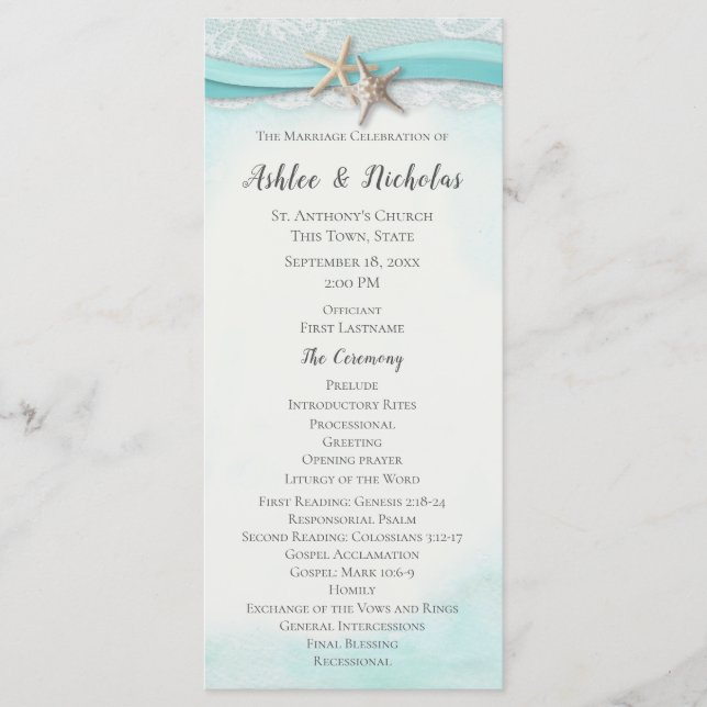 Starfish Ribbon Beach Wedding Program (Front)