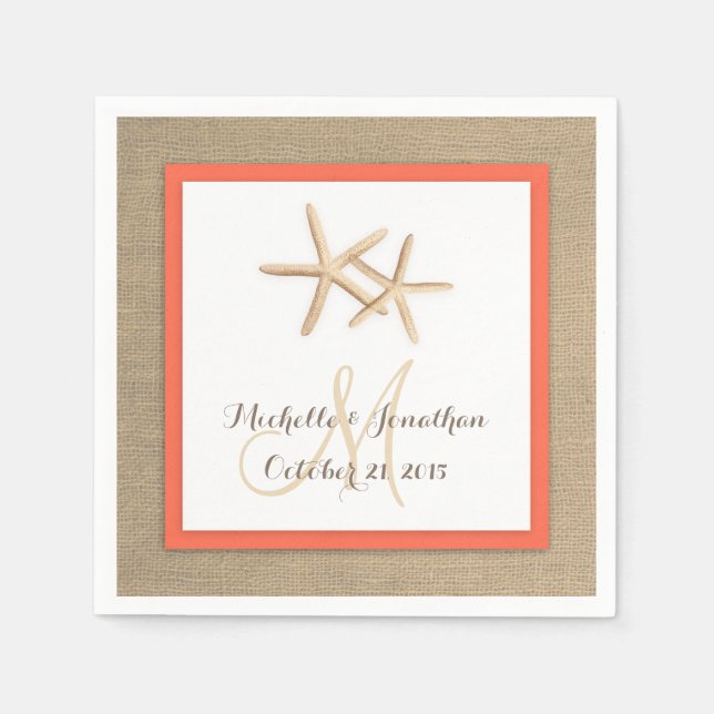 Starfish Rustic Burlap Beach Wedding Napkin (Front)