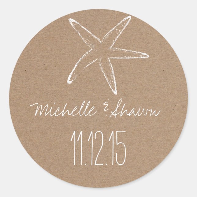 Starfish Rustic Kraft Paper Wedding Favor Classic Round Sticker (Front)