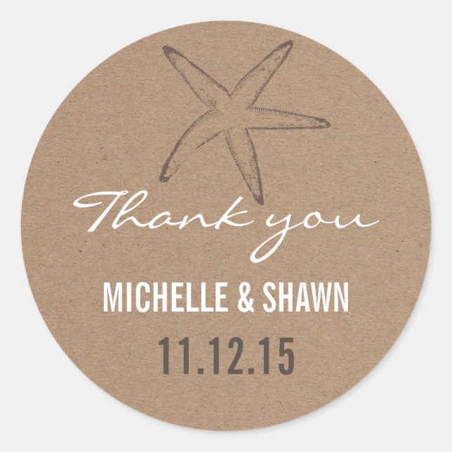 Starfish Rustic Kraft Paper Wedding Favor Classic Round Sticker (Front)