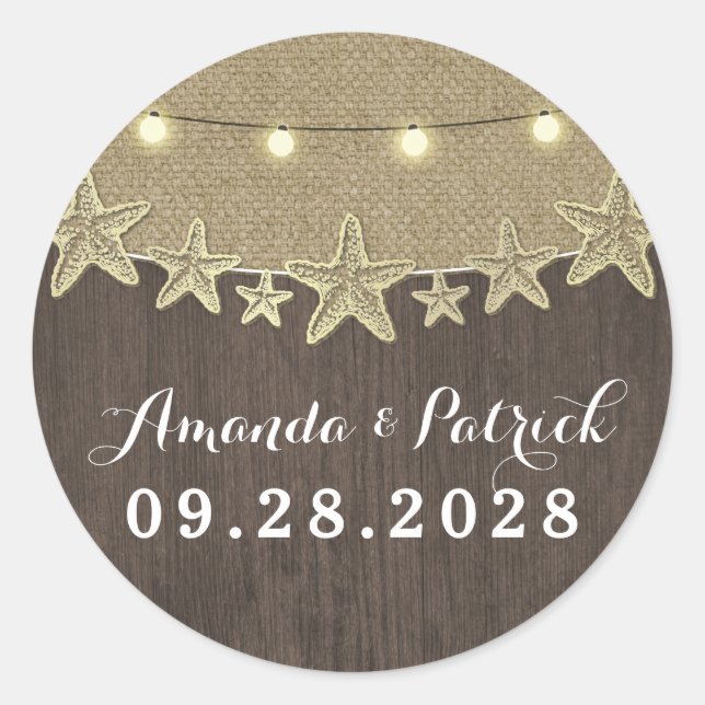 Starfish Rustic Lights Beach Wedding Favor Classic Round Sticker (Front)
