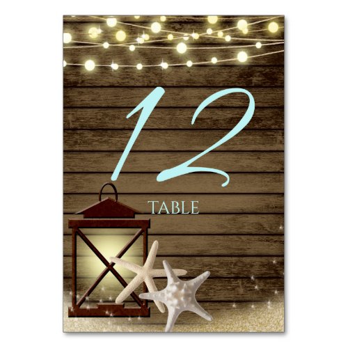 Starfish Rustic Wood and Lantern Table Number Card