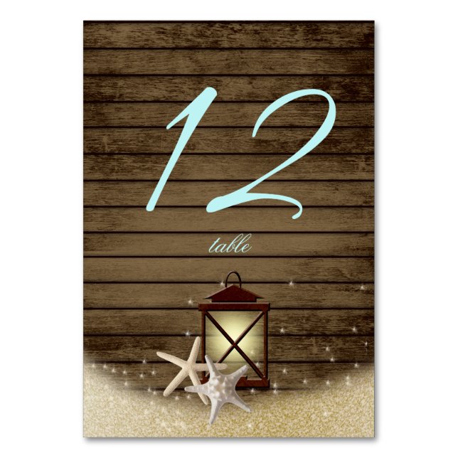 Starfish Rustic Wood and Lantern Table Number Card (Front)