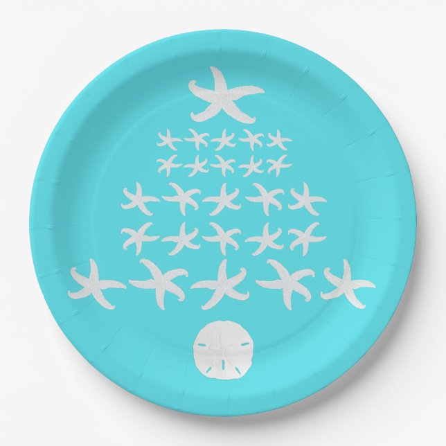 Starfish Sand Dollar Aqua Tropical Christmas Paper Plates (Front)
