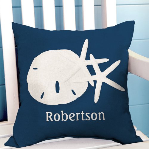 Starfish Sand Dollar Navy Blue Personalized Throw Pillow