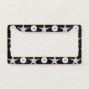 Starfish Sand Dollar Sketch Pattern Black License Plate Frame