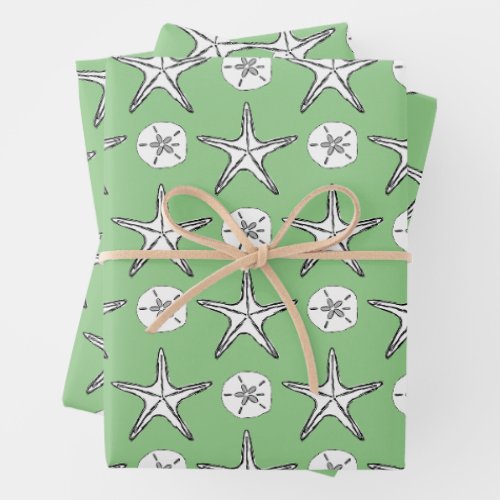 Starfish Sand Dollar Sketch Pattern Green Wrapping Paper Sheets