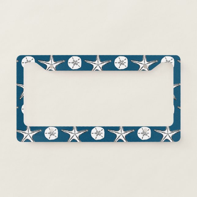 Starfish Sand Dollar Sketch Pattern License Plate Frame (Front)
