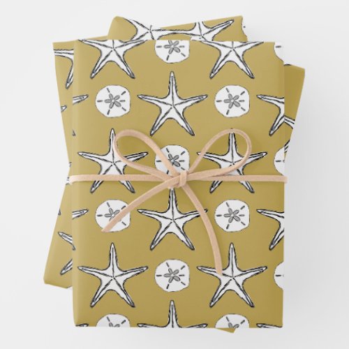 Starfish Sand Dollar Sketch Pattern Wrapping Paper Sheets