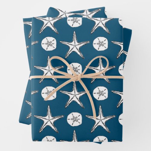 Starfish Sand Dollar Sketch Pattern Wrapping Paper Sheets