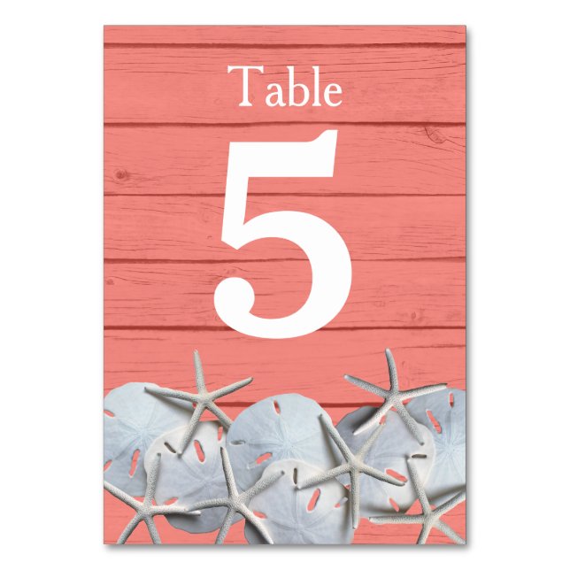 Starfish Sand Dollar Wedding Table Number Cards (Front)