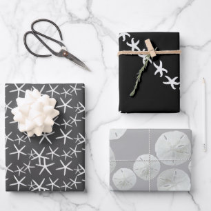 Starfish Sand Dollars Neutral Black Gray Wrapping Paper Sheets