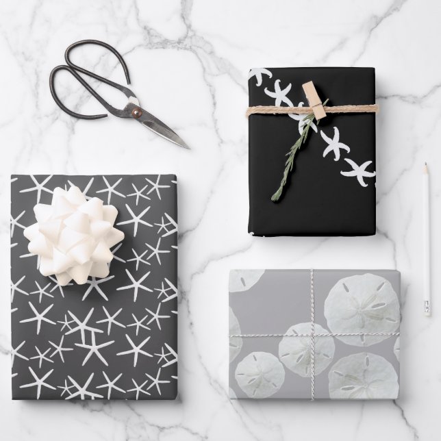 Starfish Sand Dollars Neutral Black Gray Wrapping Paper Sheets (Front)