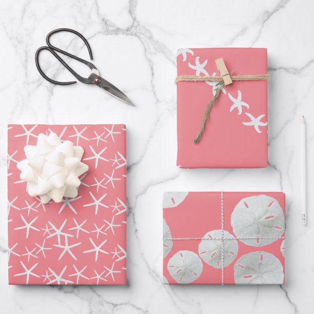 Starfish Sand Dollars Pink Girly Seashells Wrapping Paper Sheets (Front)