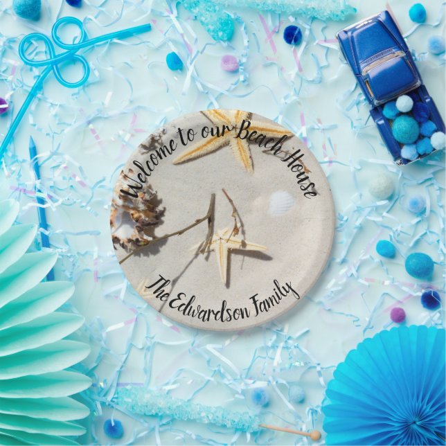 Starfish sand welcome to beach house family name paper plates (Party)