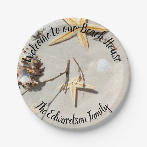 Starfish sand welcome to beach house family name paper plates
