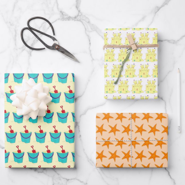 Starfish Sandcastle Sand Toys Summer Fun Beach Wrapping Paper Sheets (Front)