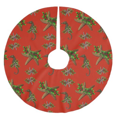 Starfish Sea Horses Red Pattern Christmas Brushed Polyester Tree Skirt