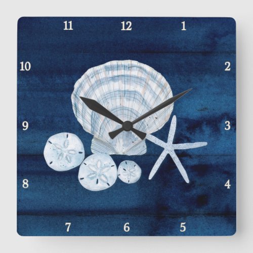 Starfish Sea Shells Beach Sand Dollar Blue n White Square Wall Clock