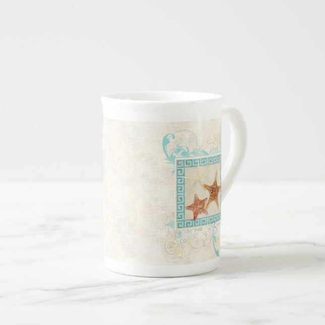 Starfish Sea Shells Ocean Greek Key Pattern Beach Bone China Mug (Front Right)