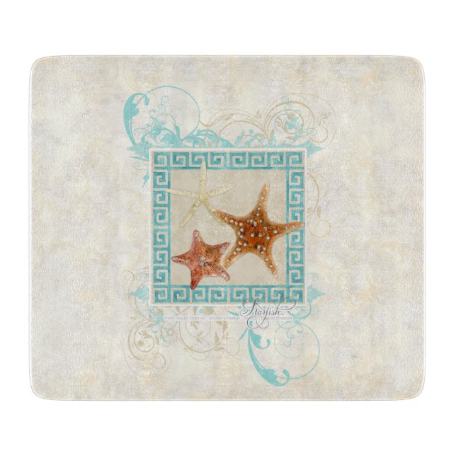 Starfish Sea Shells Ocean Greek Key Pattern Beach Cutting Board (Front)