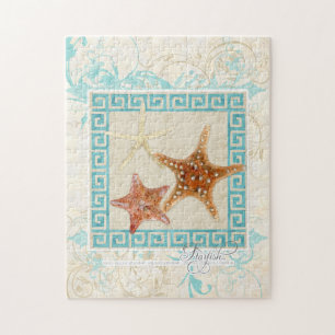 Starfish Sea Shells Ocean Greek Key Pattern Beach Jigsaw Puzzle
