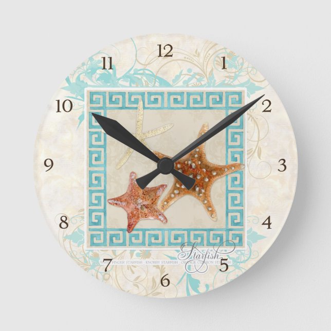 Starfish Sea Shells Ocean Greek Key Pattern Beach Round Clock (Front)