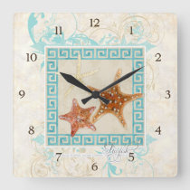 Starfish Sea Shells Ocean Greek Key Pattern Beach Square Wall Clock