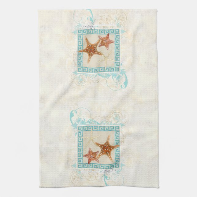 Starfish Sea Shells Ocean Greek Key Pattern Beach Towel (Vertical)