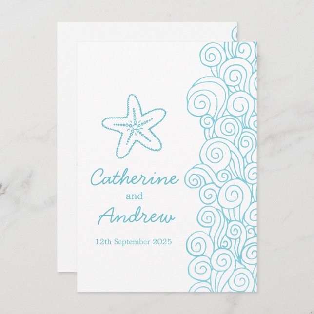 Starfish sea swirl blue beach wedding invitation (Front/Back)