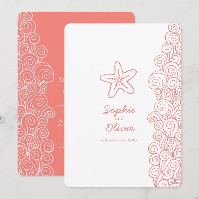Starfish sea swirl coral beach wedding invitation (Front/Back)