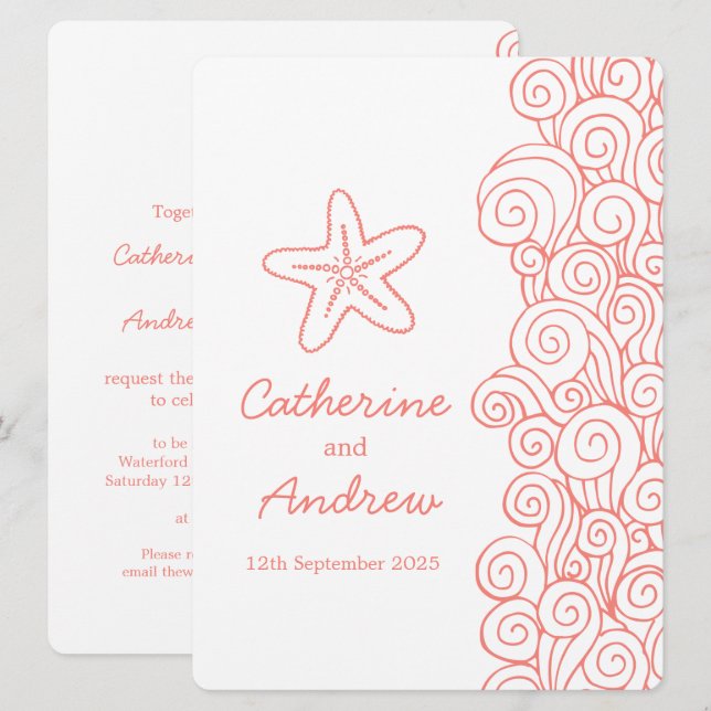 Starfish sea swirl coral beach wedding invitation (Front/Back)