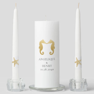 Starfish Seahorses Gold Personalized Beach Wedding Unity Candle Set