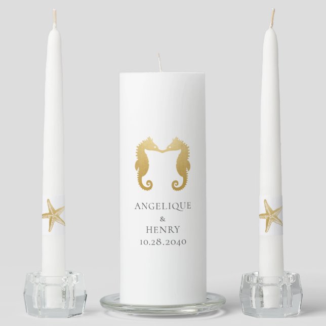 Starfish Seahorses Gold Personalized Beach Wedding Unity Candle Set (Front)