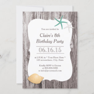 Starfish & Seashell Beach Driftwood Birthday Party Invitation