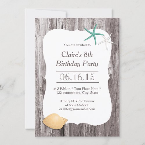 Starfish &amp; Seashell Beach Driftwood Birthday Party Cards
