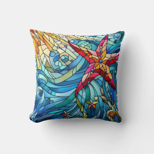 Starfish Seashell Beach Stained Glass Coastal Throw Pillow