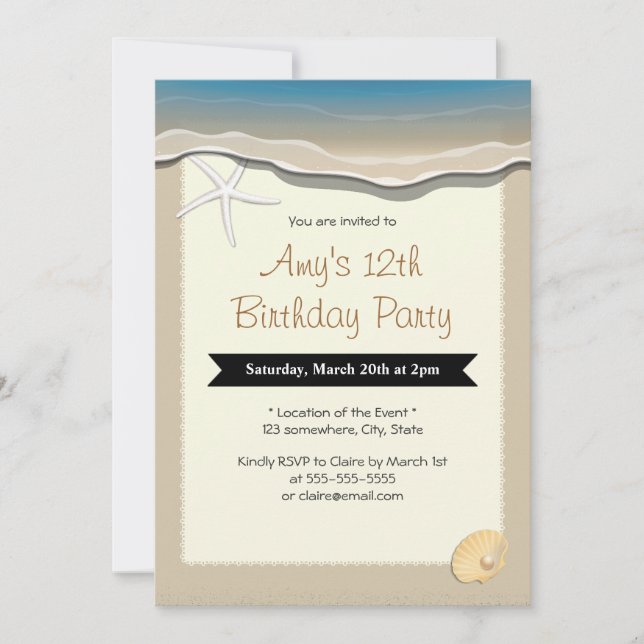 Starfish & Seashell Beach Theme Birthday Invites (Front)