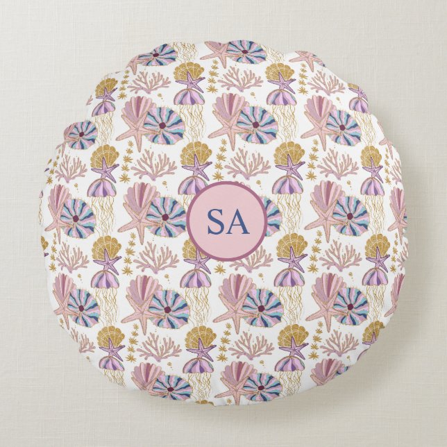 Starfish Seashell Blue Purple Pink Ocean Nautical  Round Pillow (Front)