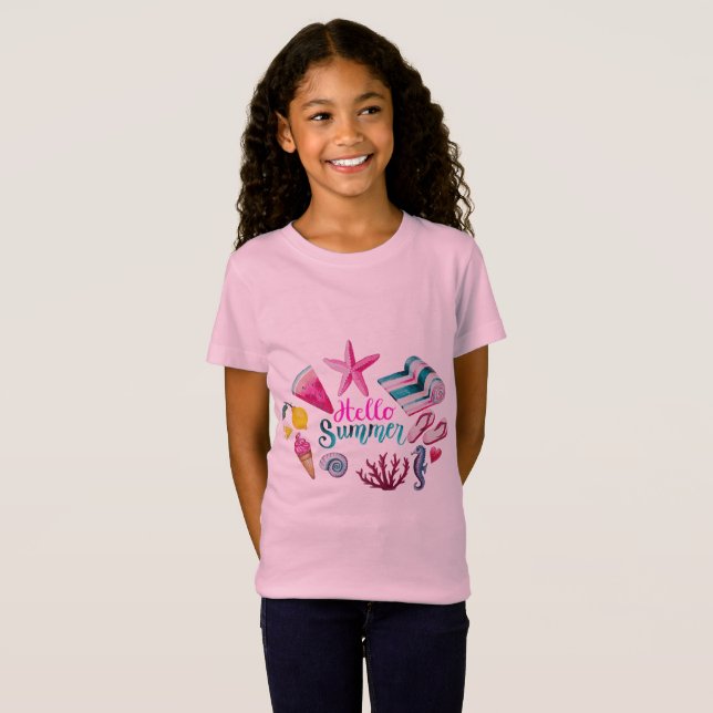 Starfish & Seashell Hello Summer Girls' Tee - Pink (Front Full)