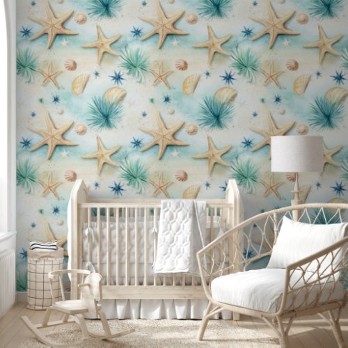 Starfish seashell nautical seamless pattern beige  wallpaper 