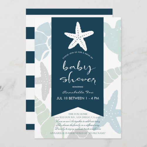 Starfish  Seashell Navy Blue Drive_by Baby Shower Invitation