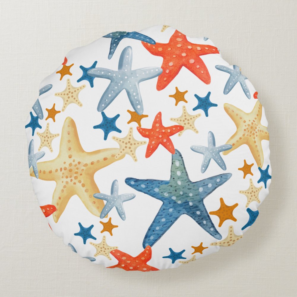 Disover Starfish Seashell Pattern Blue Orange Coastal Round Pillow