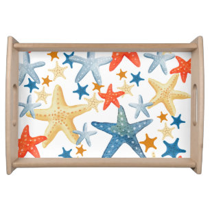 Starfish Seashell Pattern Blue Orange Coastal Serving Tray