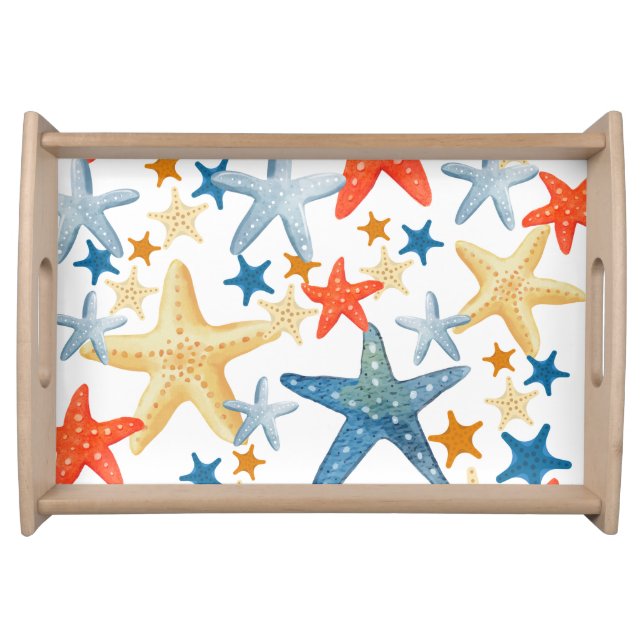 Starfish Seashell Pattern Blue Orange Coastal Serving Tray (Front)