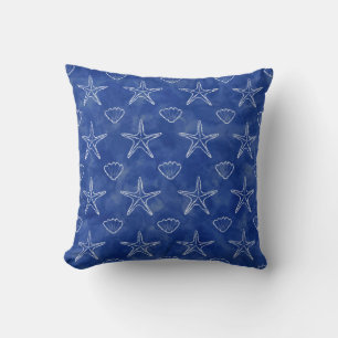 Starfish Seashell Sketch Pattern Blue Watercolor Throw Pillow