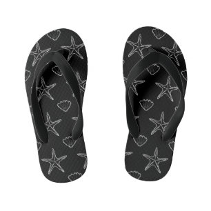 Starfish Seashell Sketch Pattern On Black Kid's Flip Flops