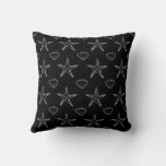 Starfish Seashell Sketch Pattern On Black Throw Pillow