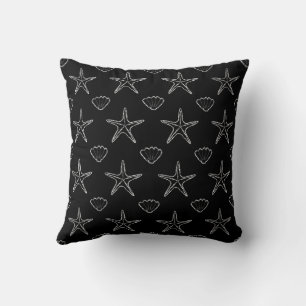 Starfish Seashell Sketch Pattern On Black Throw Pillow